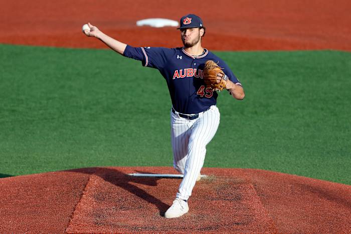 Jun 12, 2022; Corvallis, OR, USA; Auburn baseball pitcher Joseph Gonzalez (45) delivers a pitch in the 1st inning during Game 2 of a NCAA Super Regional Oregon State Beavers at Coleman Field.